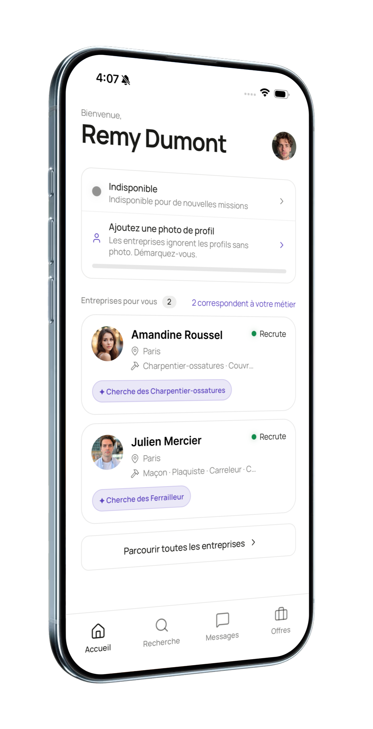 L’application OVRIA — votre profil et les entreprises du bâtiment qui recrutent