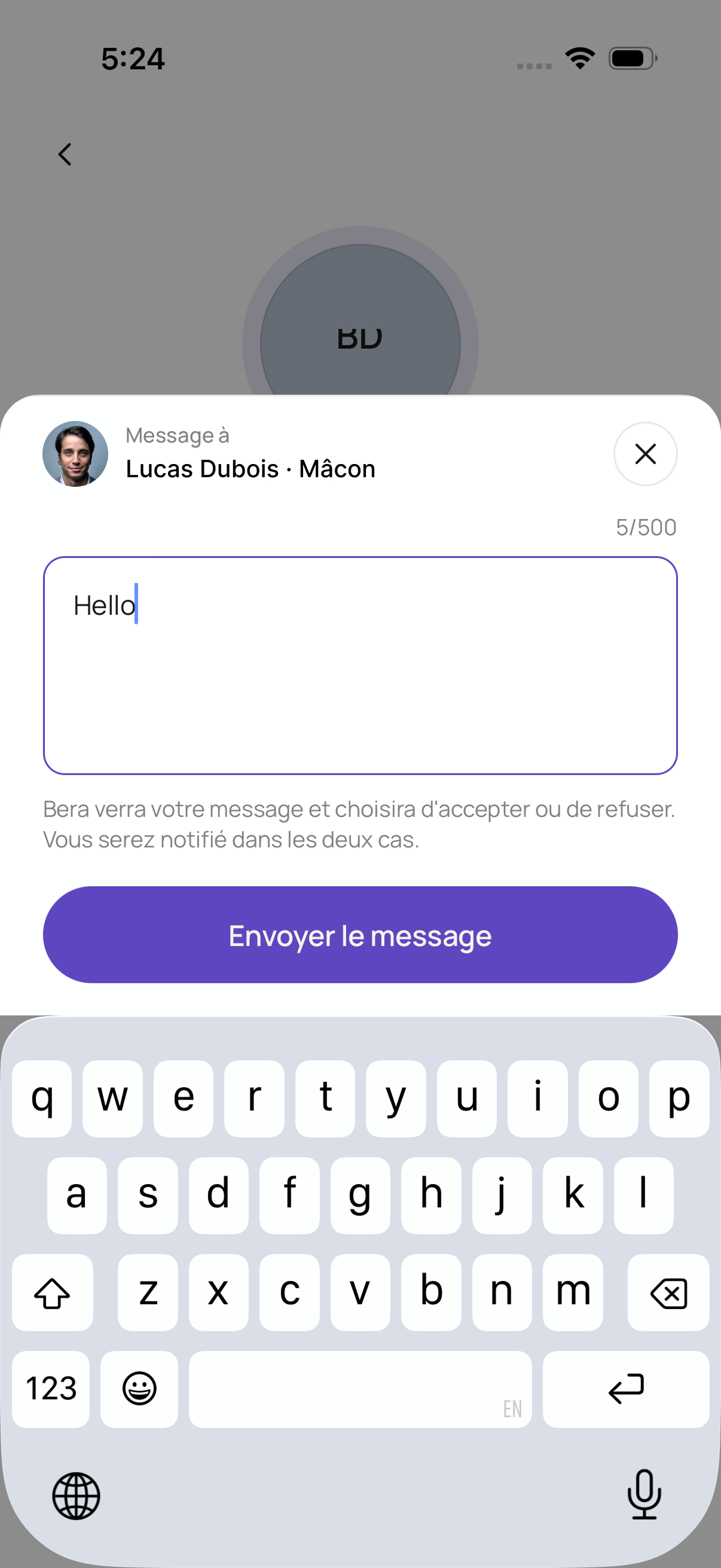 Écran de message OVRIA — contacter un ouvrier directement en un message