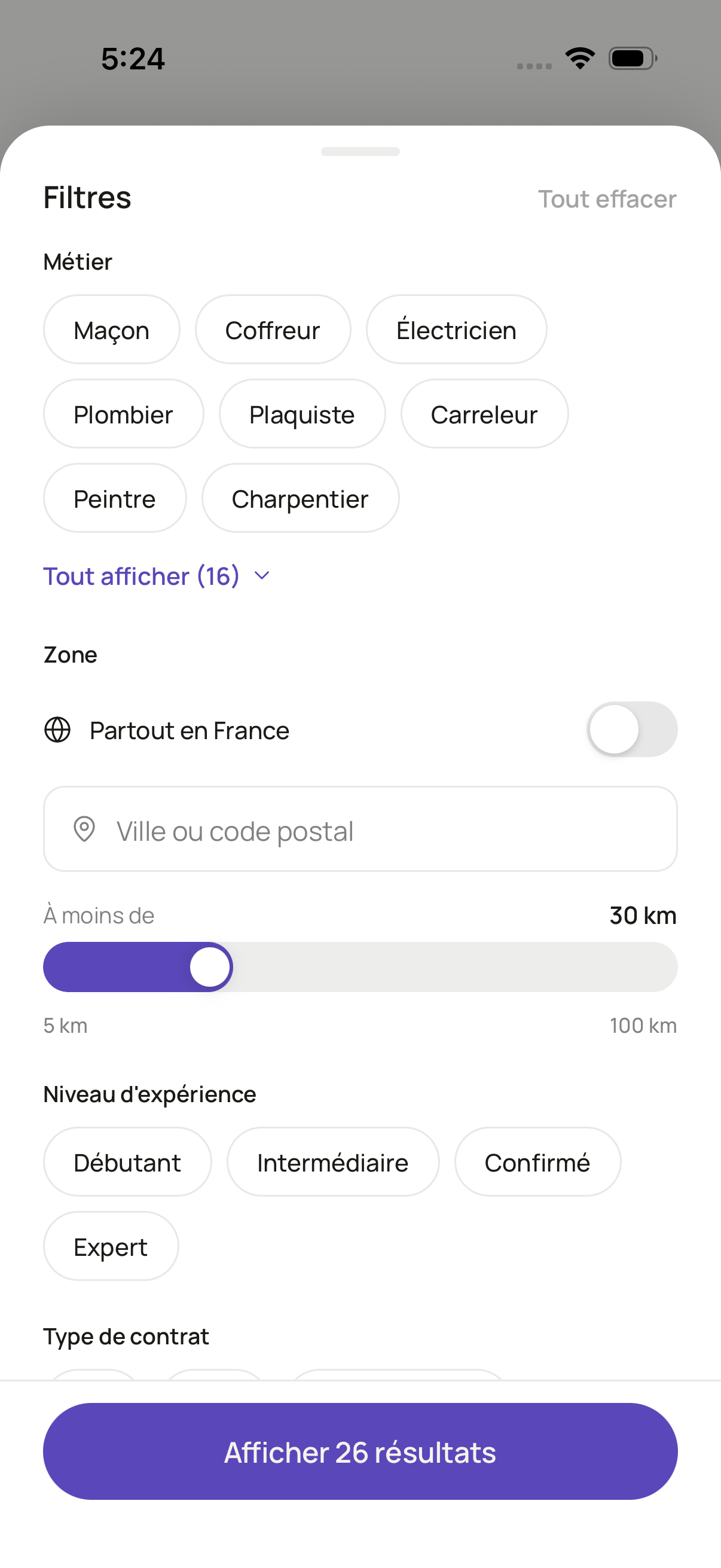 Écran Filtres d’OVRIA — recherche d’ouvriers par métier, zone, niveau d’expérience et type de contrat