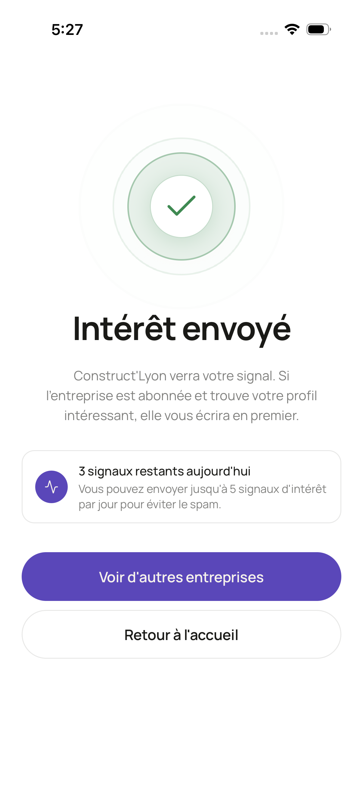Écran de confirmation OVRIA — Intérêt envoyé, l’entreprise vous contactera