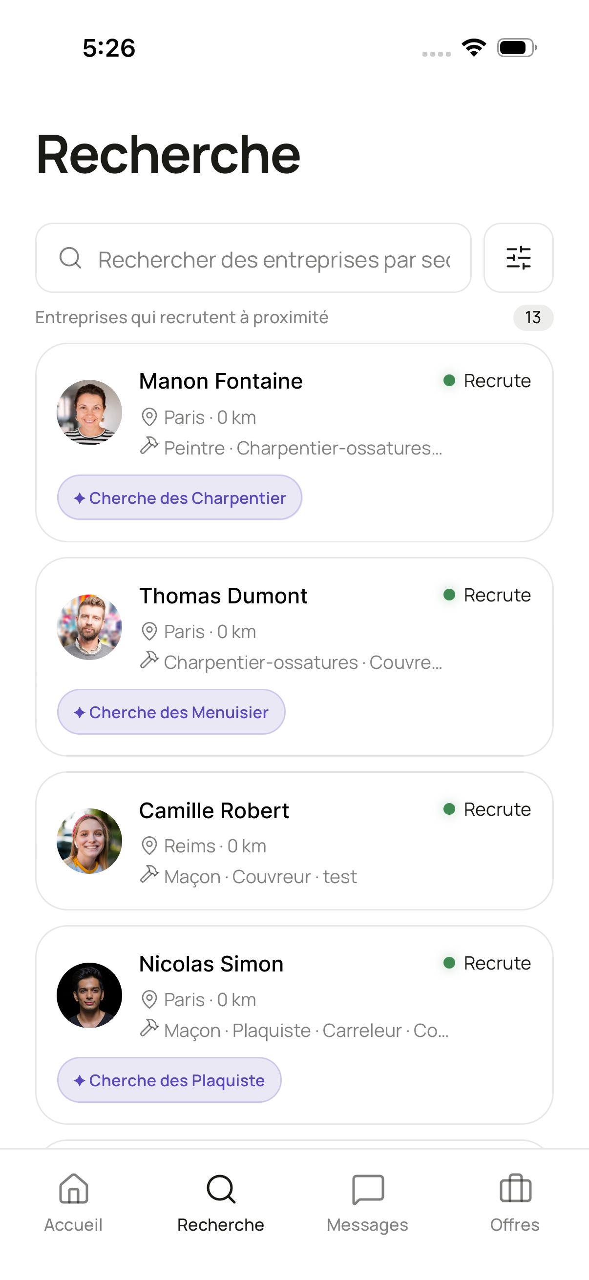 Écran Recherche d’OVRIA — la liste des entreprises du bâtiment qui recrutent à proximité