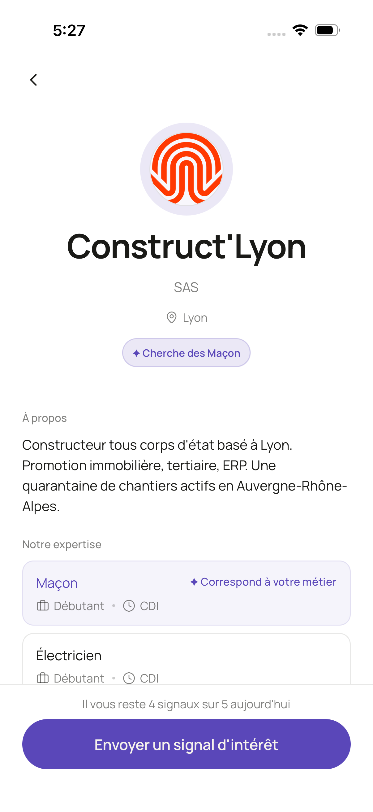 Fiche entreprise sur OVRIA — votre métier correspond, bouton Envoyer un signal d’intérêt